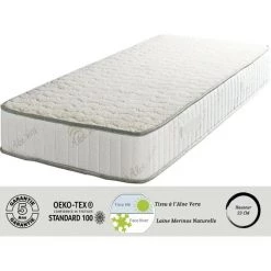 LITERIEJULIEN Matelas Super 90x200 X 23 Cm + Oreiller Visco + Alése - Ferme - Face Hiver Pure Laine Merinos - Noyau Poli Lattex HR Derniére Génération - Trés Respirant