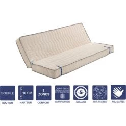 LITERIEJULIEN Matelas Souple Pour Tous Clic Clac 130x190 X 10 Cm + Oreiller Visco Avec Latex Naturel Sur Face Hiver - Découpe Assise 70 Cm - 5 Zones De Confort - Face été Et Noyau Poli Lattex HR Derniére Génération - Trés Respirant