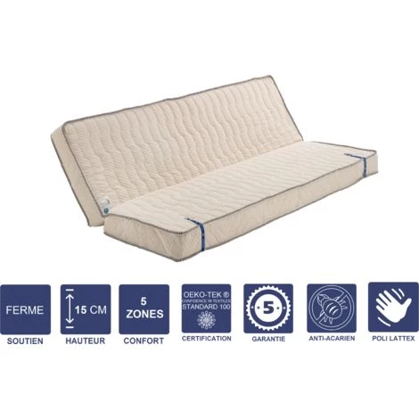 PROVENCE LITERIE Matelas Ferme Pour Clic Clac 120x190 X 15 Cm - Dim Assise 60 Cm - - 5 Zones De Confort - Ame Poli Lattex Haute Résilience - Hypoallergénique 1 PROVENCE LITERIE Matelas Ferme Pour Clic Clac 120x190 X 15 Cm - Dim Assise 60 Cm - - 5 Zones De Confort - Ame Poli Lattex Haute Résilience - Hypoallergénique