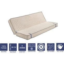 PROVENCE LITERIE Matelas Très Ferme Pour Clic Clac 130x200 X 15 Cm - Dim Assise 60 Cm - - 5 Zones De Confort - Ame Poli Lattex Haute Résilience - Hypoallergénique