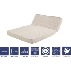 PROVENCE LITERIE Matelas Ferme Pour Tous BZ 140x190 X 10 Cm + Oreiller Visco Avec Mémoire De Forme Sur Face Hiver - Déhoussable Housse Lavable - Découpe Assise 60 Cm - 5 Zones De Confort - Face été Et Ame Poli Lattex Haute Résilience - Hypoallergénique