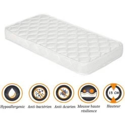 NUITS D'OR Matelas Pour Bébé 70x140 Cm Hauteur 15 Cm Hyppoallergénique - Anti-acariens - Tissu Coton - Mousse Haute Résilience 33 Kg/m3