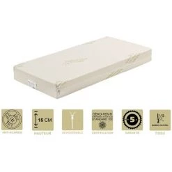 PROVENCE LITERIE Matelas Pour Bébé 60x120 Cm Hauteur 15 Cm Déhoussable Housse Lavable à 30° - Tissu Avec Bambou Naturel - Hyppoallergénique - Anti-acariens - Mousse Densité 30 Kg/m3