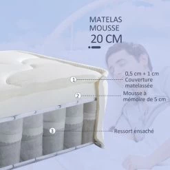 HOMCOM Matelas De Lit Simple Adulte Dim. 190L X 90l Cm - Matelas Ferme Mousse à Mémoire De Forme ép. 20 Cm - Ressorts Ensachés Coutil Stretch - Noyau Grand Confort Polyester Blanc - Blanc 8 HOMCOM Matelas De Lit Simple Adulte Dim. 190L X 90l Cm - Matelas Ferme Mousse à Mémoire De Forme ép. 20 Cm - Ressorts Ensachés Coutil Stretch - Noyau Grand Confort Polyester Blanc - Blanc -Matelas Soldes Boutique 50909005 4