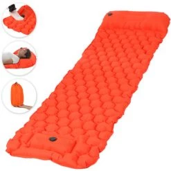 TANCYCO Tapis De Couchage Gonflable Avec Matelas à Air De Pompe à Pied D'oreiller Pour Les Voyages De Randonnée Pédestre,Orange,Modèle De Cellule Polygone