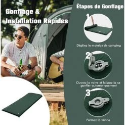 COSTWAY Matelas De Camping En Mousse Autogonflant/Tapis De Camping Avec Sac De Transport Et Valve Intégrée, 190 X 72 X 8 CM, Vert -Matelas Soldes Boutique 64450150 4