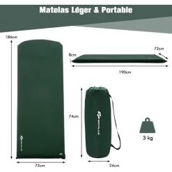 COSTWAY Matelas De Camping En Mousse Autogonflant/Tapis De Camping Avec Sac De Transport Et Valve Intégrée, 190 X 72 X 8 CM, Vert -Matelas Soldes Boutique 64450150 5