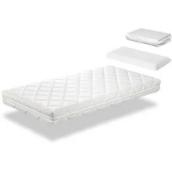 DORMALIT Pack Matelas 80X130 CARAMEL LIT ENFANT, Epaisseur 11 CM + 1 Oreiller A Memoire 80x35 + 1 Protege Matelas 80x130